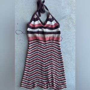 Streetwear Society Brown, Pink, & Cream Crocheted Chevron Holter Dress Sz Small